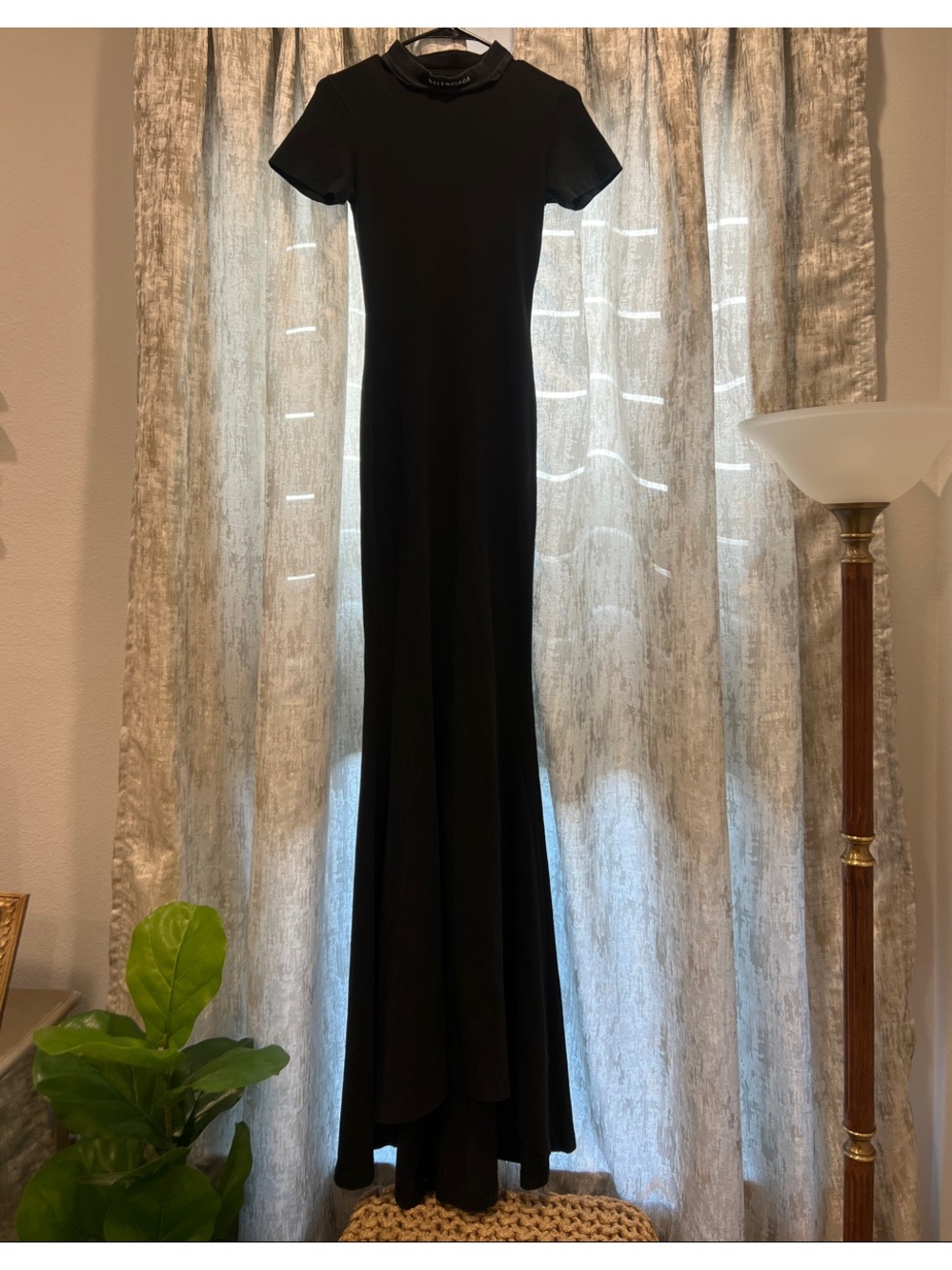 Balenciaga Black Short-Sleeve Maxi Dress with High Neck